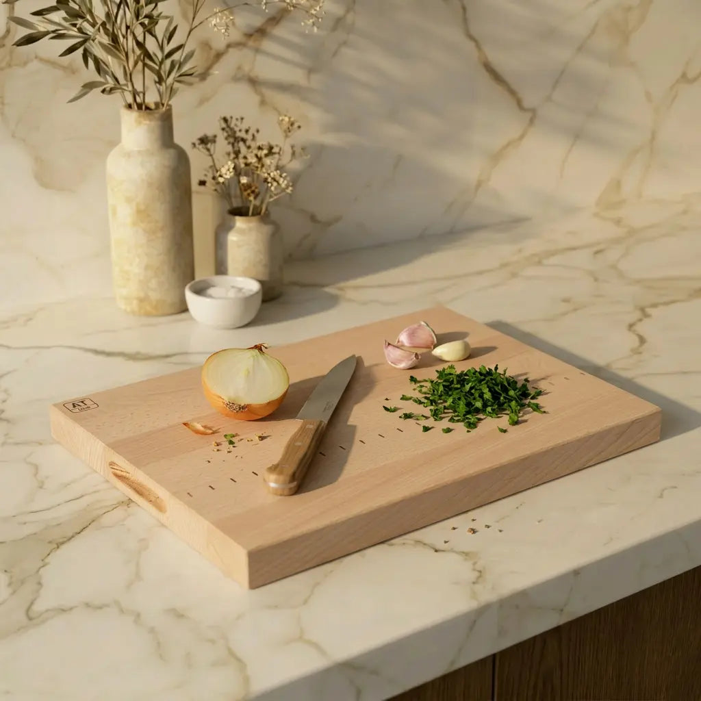 Skärbräda i bokträ 45x30x4 cm | Stor köksbräda med inristat mått