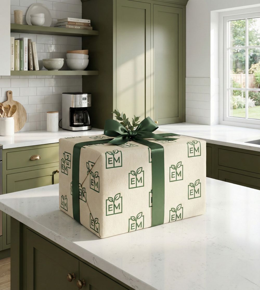 Presentpaket med emico logotyp på marmorbänk i grönt kök