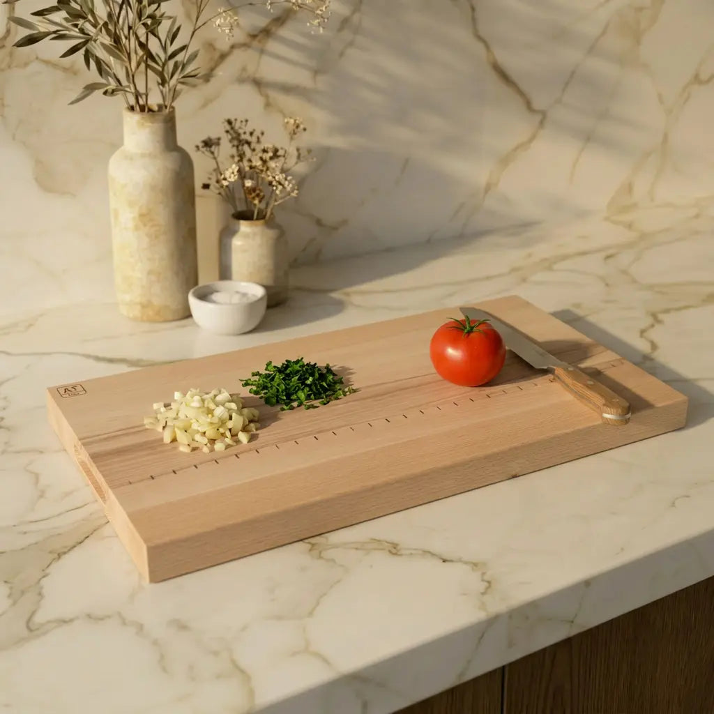 Skärbräda i bokträ 60x30x4 cm | Stor köksbräda med inristat mått