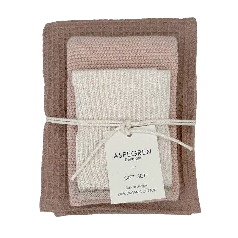 Presentset med kökshanddukar i ekologisk bomull från Aspegren Denmark i rosa och beige